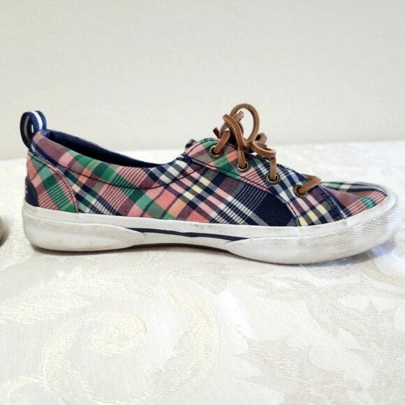 Women SPERRY Canvas Boat Loafers Flats Shoes 6 Plaid Navy Blue Coral Leather Tie - Picture 10 of 12